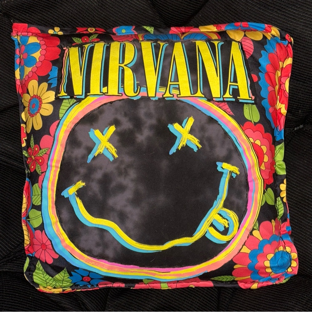 NIRVANA Black Floral Smiley Upcycled Pillow